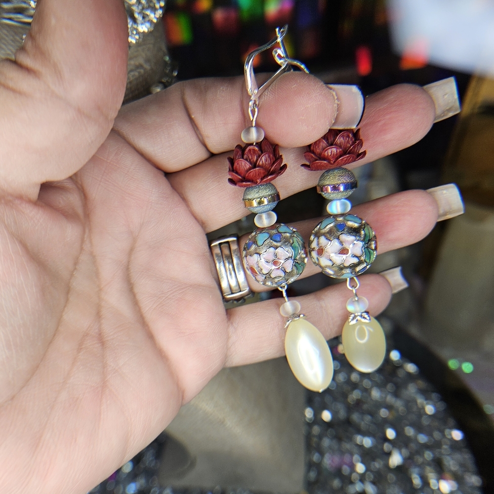 SOLD-Artisan Quadruple Threat Cloisonne, Cinnabar, & Moonglow, w/ Rubies -  Set - Picture 4 of 11